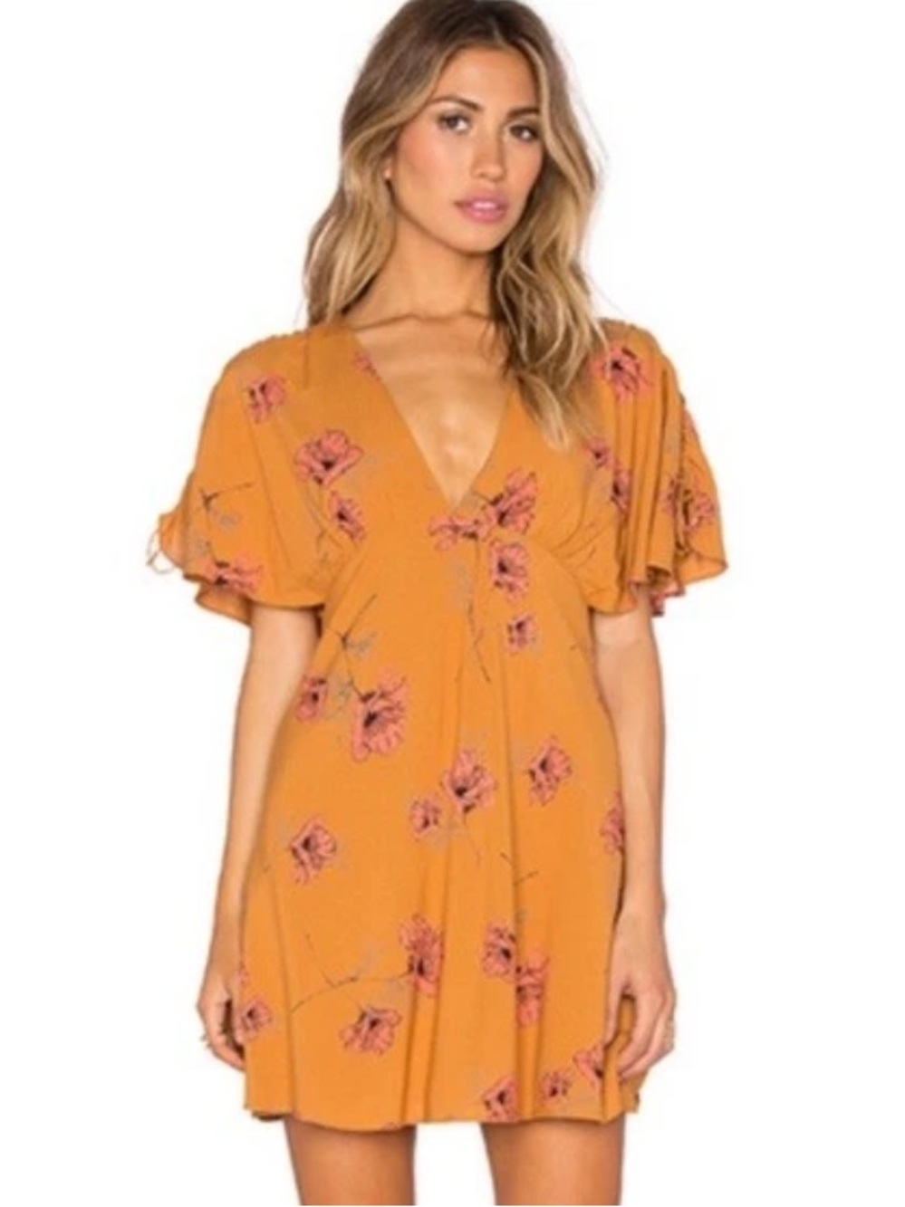 Free People Drapey Melanie Printed Mini Dress Mustard Combo Floral Size 6